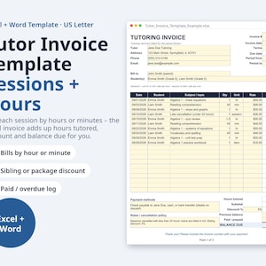 May include: A digital tutoring invoice template for Excel and Word. The document features fields for tutor details, student names, session dates, subjects, hours, rates, and totals. It includes a payment summary, discount section, and balance due calculation.