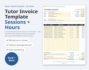 May include: A digital tutoring invoice template for Excel and Word. The document features fields for tutor details, student names, session dates, subjects, hours, rates, and totals. It includes a payment summary, discount section, and balance due calculation.