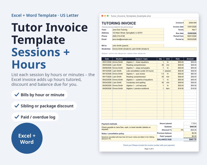 Tutor Invoice Template Excel and Word | Tutoring Invoice, Hours Tutored, Sibling Discount (Digital Download) image 1