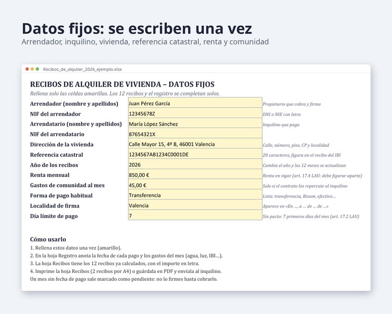 Recibo de alquiler plantilla Excel y Word 2026 2027 | 12 recibos con importe en letra, registro de cobros, A4 (Descarga digital) imagen 3