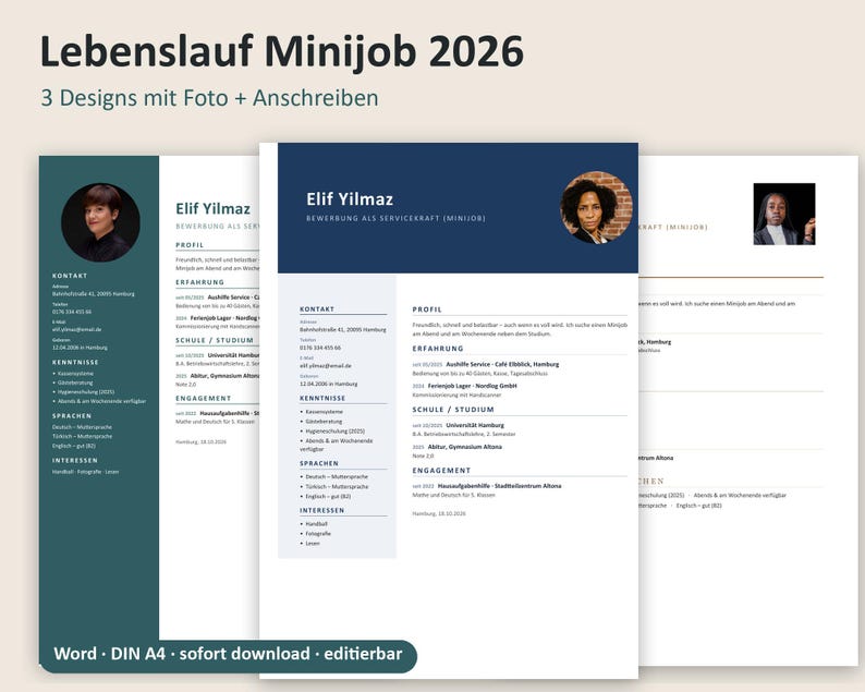 Lebenslauf Vorlage Minijob 2026 | 3 Designs mit Foto, Anschreiben + 6 Vorlagen, Service, Word DIN A4 (Digital Download) image 1