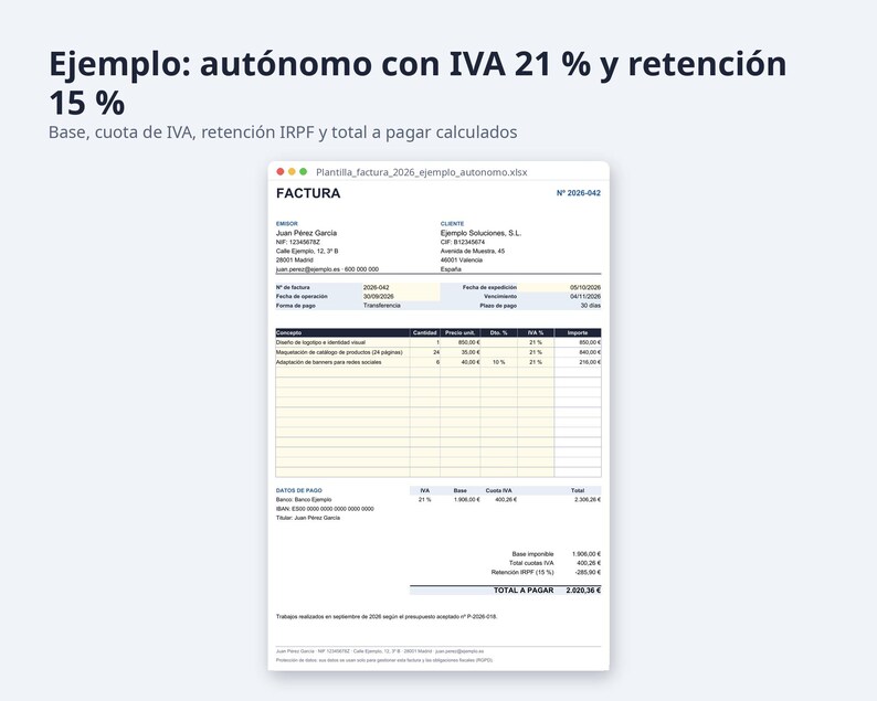 Plantilla factura Excel España 2026 | Spaans, IVA 21, 10 jaar 4 % (digitale download) afbeelding 2