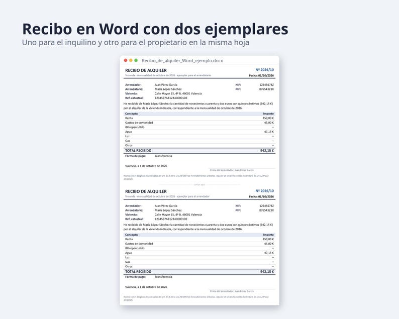 Recibo de alquiler plantilla Excel y Word 2026 2027 | 12 recibos con importe en letra, registro de cobros, A4 (Descarga digital) imagen 6