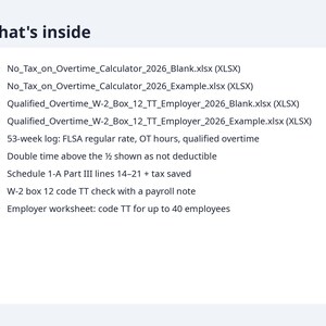 No Tax on Overtime Calculator 2026 | Excel + Google Sheets, Overtime Premium Deduction, W-2 Box 12 TT Tracker (Digital Download) image 9