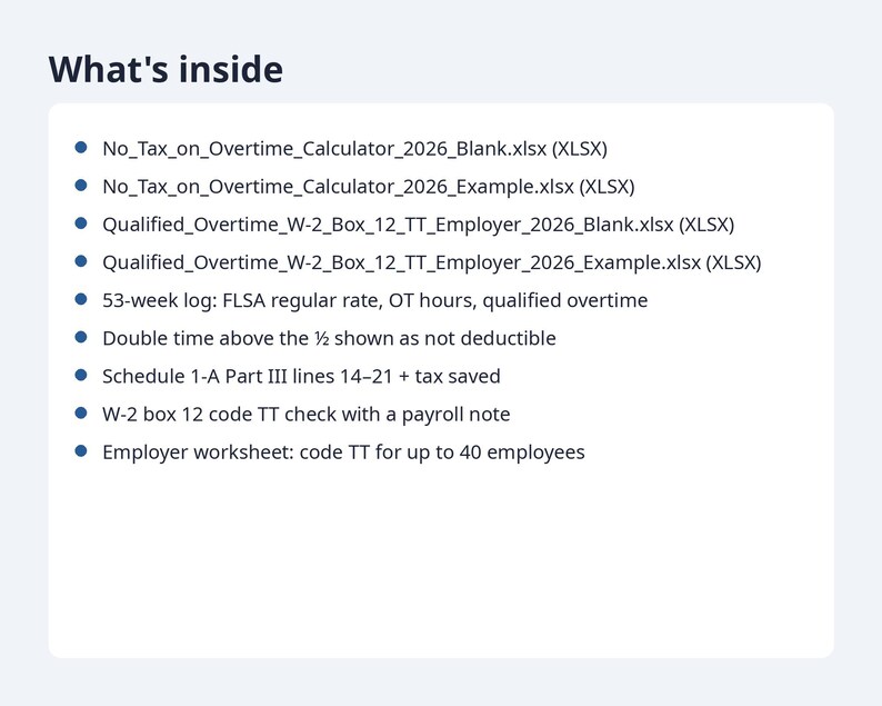 No Tax on Overtime Calculator 2026 | Excel + Google Sheets, Overtime Premium Deduction, W-2 Box 12 TT Tracker (Digital Download) image 9