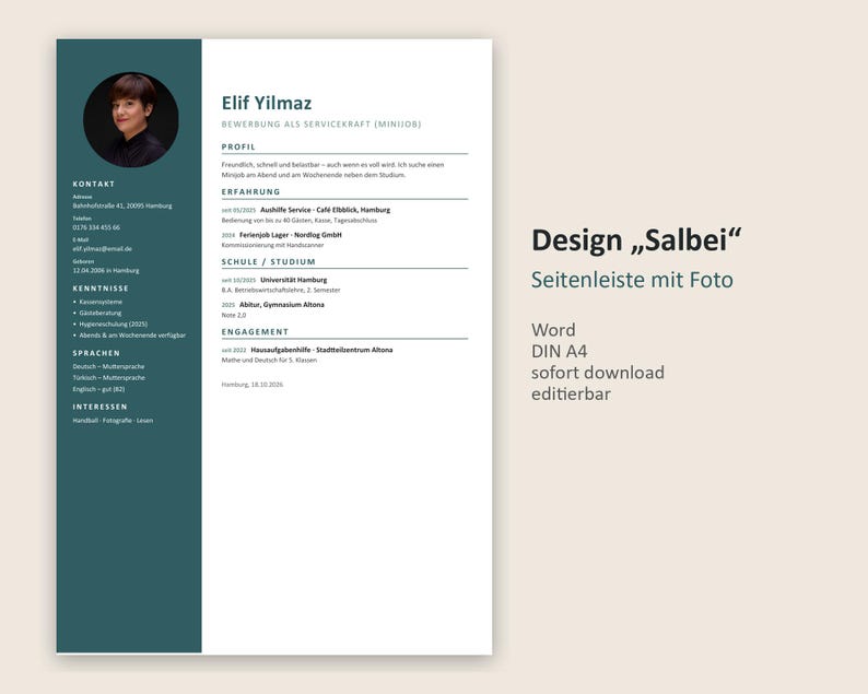 Lebenslauf Vorlage Minijob 2026 | 3 Designs mit Foto, Anschreiben + 6 Vorlagen, Service, Word DIN A4 (Digital Download) image 2