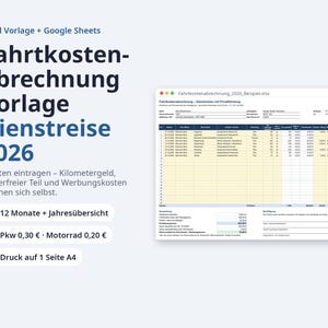 Faartkostenabrechnung Vollage 2026 Excel |ドイツ語、Dienstreise mit Privat-PKW 0,30 EUR /km、Monat & Jahr (デジタル ダウンロード)