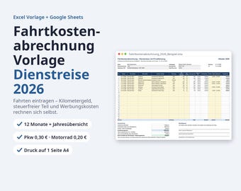Fahrtkostenabrechnung Vorlage 2026 Excel | German, Dienstreise mit Privat-PKW 0,30 EUR /km, Monat & Jahr (Digital Download)