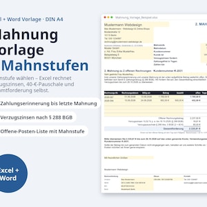 May include: A digital template for a dunning notice in Excel and Word formats, featuring the text Mahnung Vorlage 4 Mahnstufen. The document displays a sample invoice reminder with columns for invoice numbers, dates, amounts, and totals.