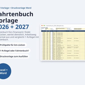 May include: A digital logbook template for 2026 and 2027, featuring Excel and Word files. The display shows a spreadsheet titled Fahrtenbuch_2026_Beispiel.xlsx with columns for dates, times, destinations, and mileage tracking for tax purposes.