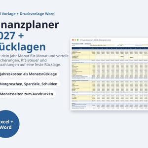 May include: A digital financial planner template for 2027 including a savings tracker. The document features text in German, an Excel spreadsheet interface with rows and columns for monthly budgeting, and a blue circle icon labeled Excel + Word.