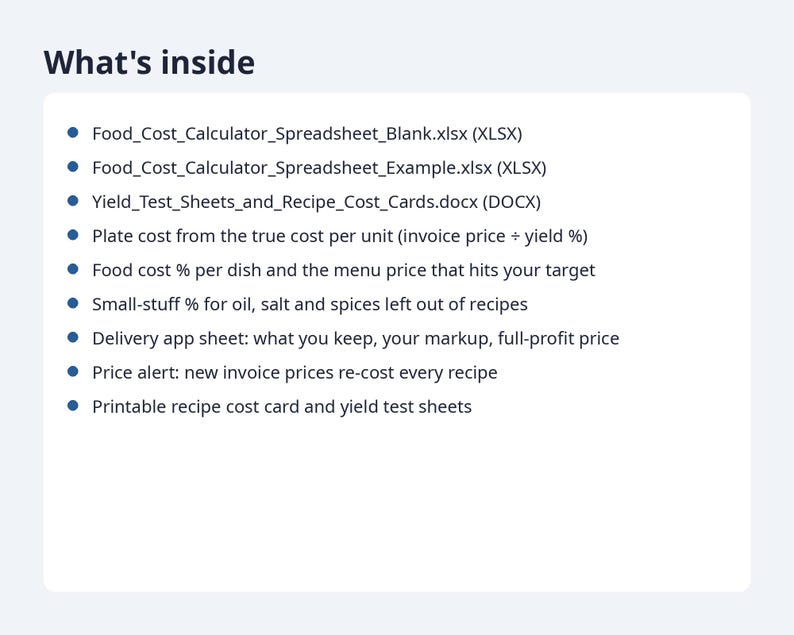 Food Cost Calculator Spreadsheet with Yield | Recipe Costing, Menu Price, Delivery App Price (Digital Download) image 9