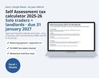 Self Assessment Tax Calculator 2025-26 UK Spreadsheet | SA103S Boxes, Sole Trader + Landlord, 31 January 2027 Bill, Excel
