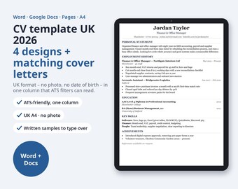 CV Template UK 2026, ATS Friendly A4 Word + Google Docs | 4 Designs with Matching Cover Letters, Graduate Layout, No Photo