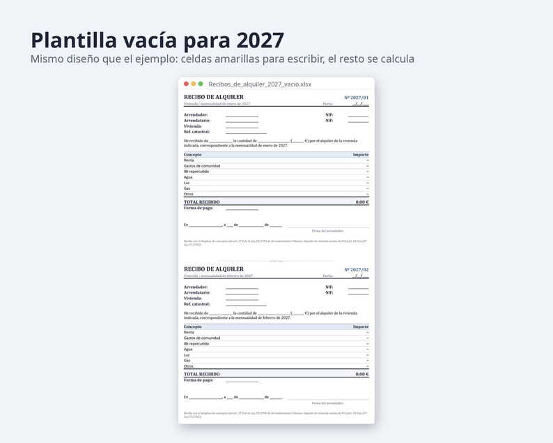 Recibo de alquiler plantilla Excel y Word 2026 2027 | 12 recibos con importe en letra, registro de cobros, A4 (Descarga digital) imagen 5