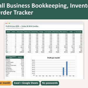 May include: A digital small business bookkeeping, inventory, and order tracker spreadsheet. The interface displays a Profit & Loss 2026 table for Ember & Wick Candles, an expenses by category table, and a bar chart titled Profit per month.