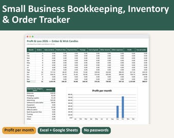 May include: A digital small business bookkeeping, inventory, and order tracker spreadsheet. The interface displays a Profit & Loss 2026 table for Ember & Wick Candles, an expenses by category table, and a bar chart titled Profit per month.