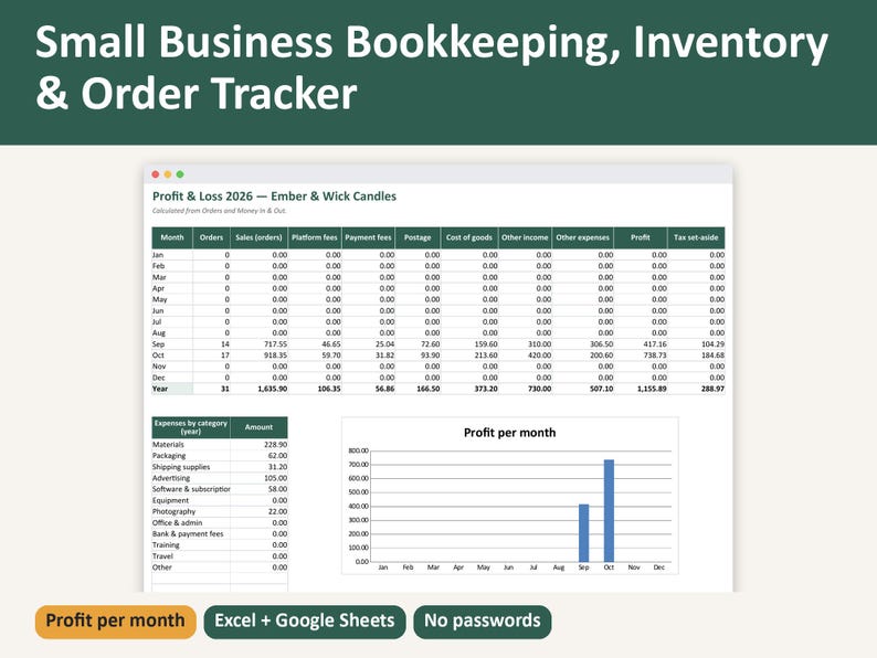 Small Business Bookkeeping Spreadsheet | Inventory Tracker, Order Tracker, Profit and Loss (Digital Download) image 1