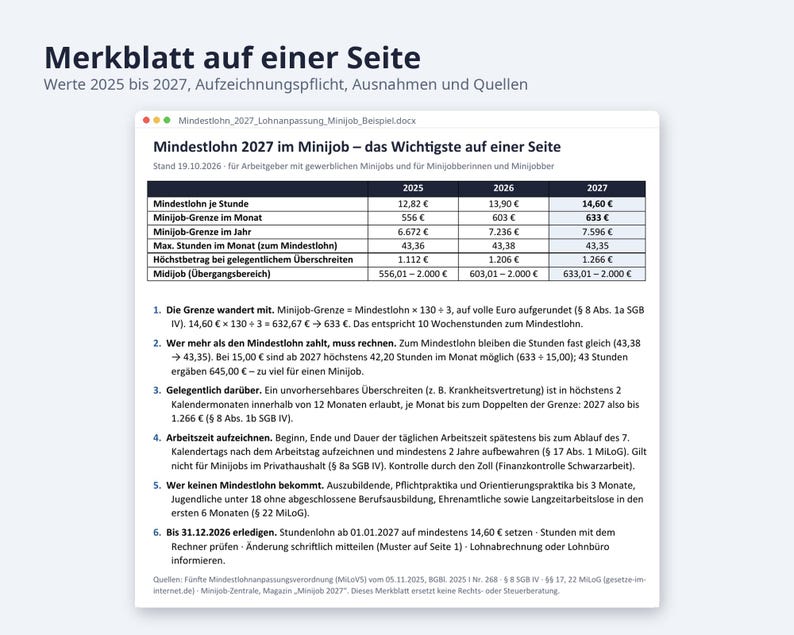 Mindestlohn 2027 Minijob Rechner Excel | German, 14,60 EUR Stundenlohn, 633 EUR Grenze (Digital Download) image 7