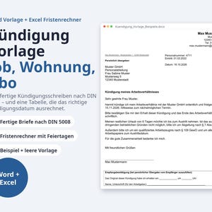 May include: A digital document template set for termination notices including Word templates and an Excel deadline calculator. The text features German headings such as Kündigung Vorlage Job, Wohnung, Abo and displays a sample resignation letter with placeholder contact information and formal German text.