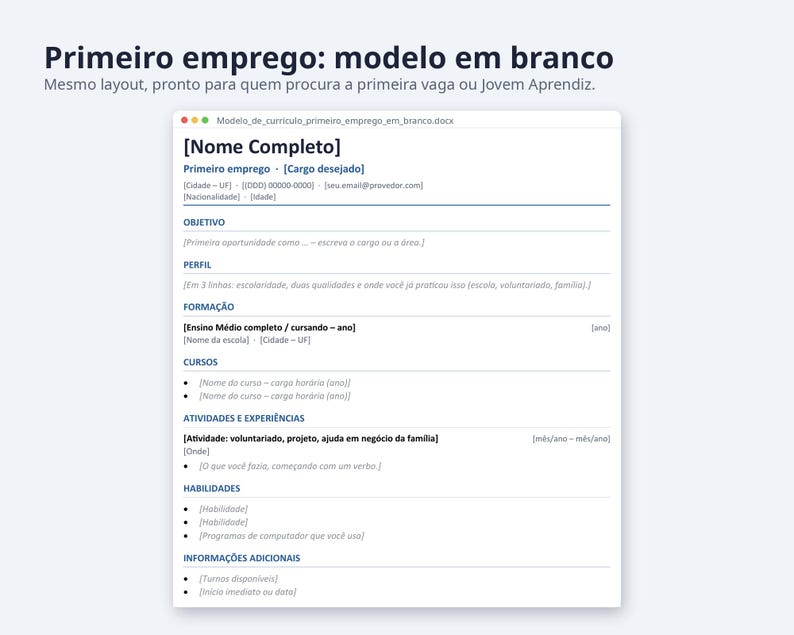 Modelo de currículo Word 2026 formato Brasil | Portuguese, Exemplo preenchido, modelo em branco (Digital Download) image 6