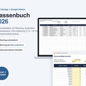 May include: A digital cash book template for Excel and Google Sheets titled Kassenbuch 2026. It features 12 monthly sheets with automatic carry-over, VAT breakdown, and a cash counting protocol. The display shows a spreadsheet interface.