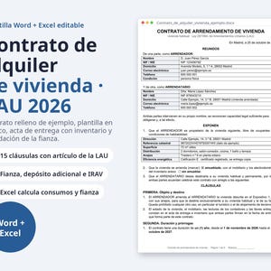 Peut inclure: Un modèle de document numérique pour un contrat de location résidentielle intitulé Contrato de arrendamiento de vivienda, comprenant des sections pour les détails du bailleur et du locataire, des clauses juridiques et un fichier Excel pour le calcul des dépôts.