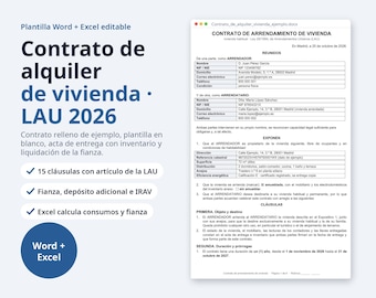 Op de afbeelding: Een digitaal documentsjabloon voor een huurovereenkomst voor woningen genaamd Contrato de arrendamiento de vivienda, met secties voor verhuurder- en huurdergegevens, juridische clausules en een Excel-bestand voor het berekenen van borg en nutsvoorzieningen.