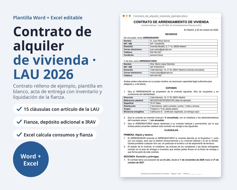 Contrato de alquiler de vivienda Word, LAU 2026 | Spanish, Ejemplo relleno, inventario Excel (Digital Download) image 1