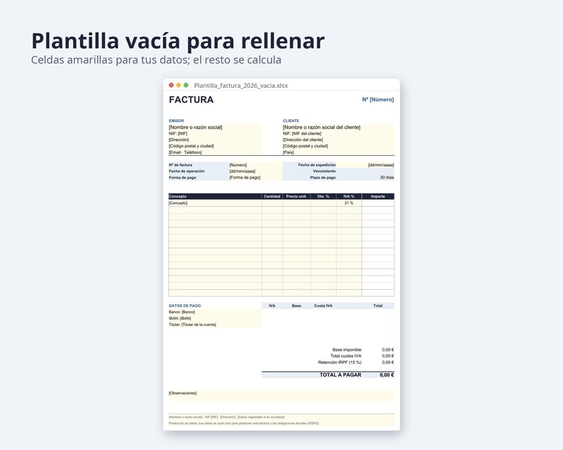 Plantilla factura Excel España 2026 | Spaans, IVA 21, 10 jaar 4 % (digitale download) afbeelding 5