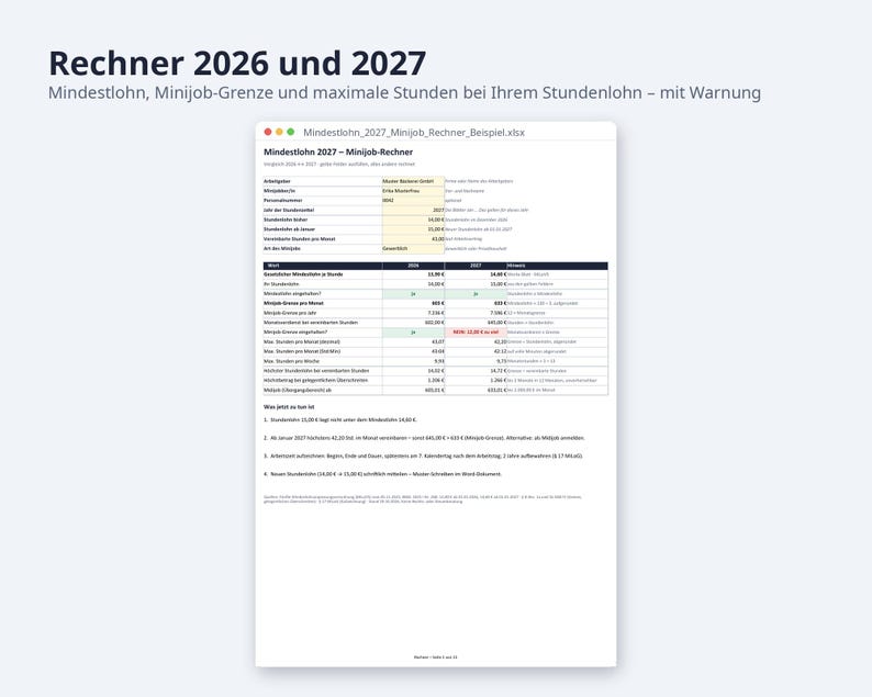 Mindestlohn 2027 Minijob Rechner Excel | German, 14,60 EUR Stundenlohn, 633 EUR Grenze (Digital Download) image 2