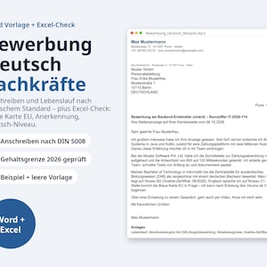 May include: A digital document template for a German job application, featuring a cover letter example for a backend developer position, alongside a list of included features like DIN 5008 formatting and an Excel check tool.