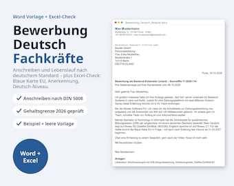 May include: A digital document template for a German job application, featuring a cover letter example for a backend developer position, alongside a list of included features like DIN 5008 formatting and an Excel check tool.