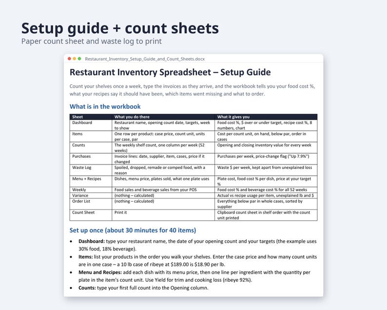 Restaurant Inventory Spreadsheet, Food Cost % Excel | Weekly Count Sheet, Par Levels, Recipe Costing, Waste Variance, Order List image 4