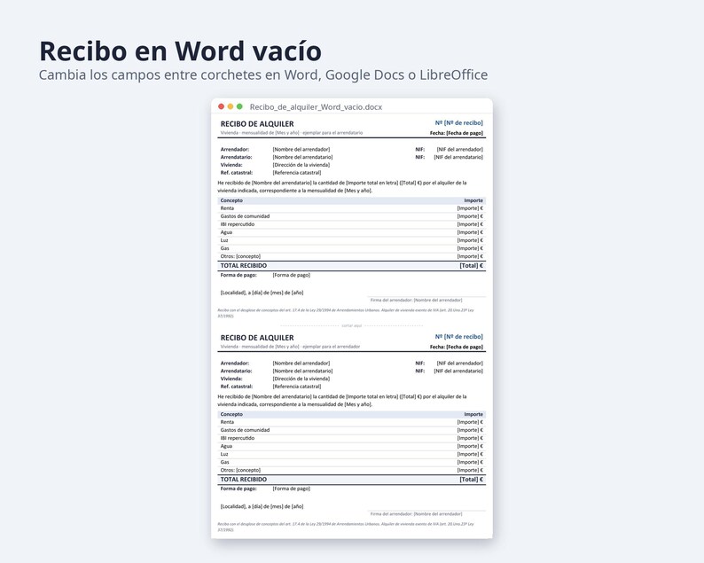 Recibo de alquiler plantilla Excel y Word 2026 2027 | 12 recibos con importe en letra, registro de cobros, A4 (Descarga digital) imagen 7