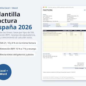 May include: A digital invoice template for Spain 2026 in Excel and Word formats. The document features a header labeled FACTURA, fields for issuer and client details, a table for itemized services, tax calculations, and payment information.