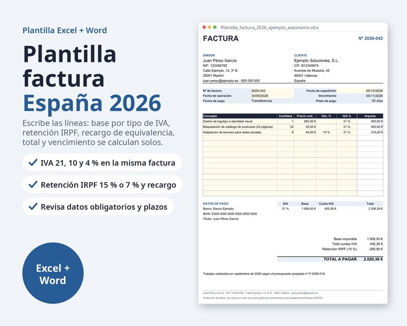 Plantilla factura Excel España 2026 | Spaans, IVA 21, 10 jaar 4 % (digitale download) afbeelding 1