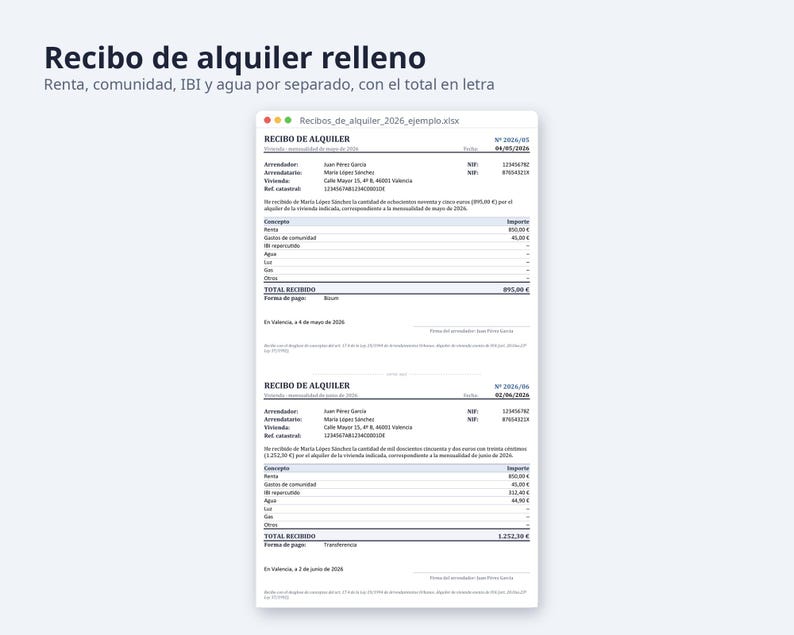 Recibo de alquiler plantilla Excel y Word 2026 2027 | 12 recibos con importe en letra, registro de cobros, A4 (Descarga digital) imagen 2
