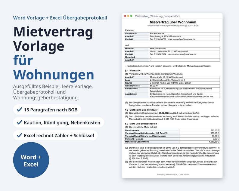 Vermieter Paket 2026 Word Excel | German, Mietvertrag, Übergabeprotokoll (Digital Download) image 2