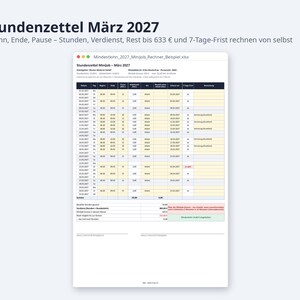 Mindestlohn 2027 Minijob Rechner Excel | German, 14,60 EUR Stundenlohn, 633 EUR Grenze (Digital Download) image 3