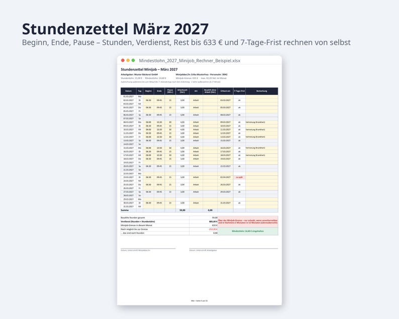 Mindestlohn 2027 Minijob Rechner Excel | German, 14,60 EUR Stundenlohn, 633 EUR Grenze (Digital Download) image 3