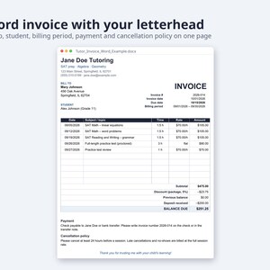 Tutor Invoice Template Excel and Word | Tutoring Invoice, Hours Tutored, Sibling Discount (Digital Download) image 3