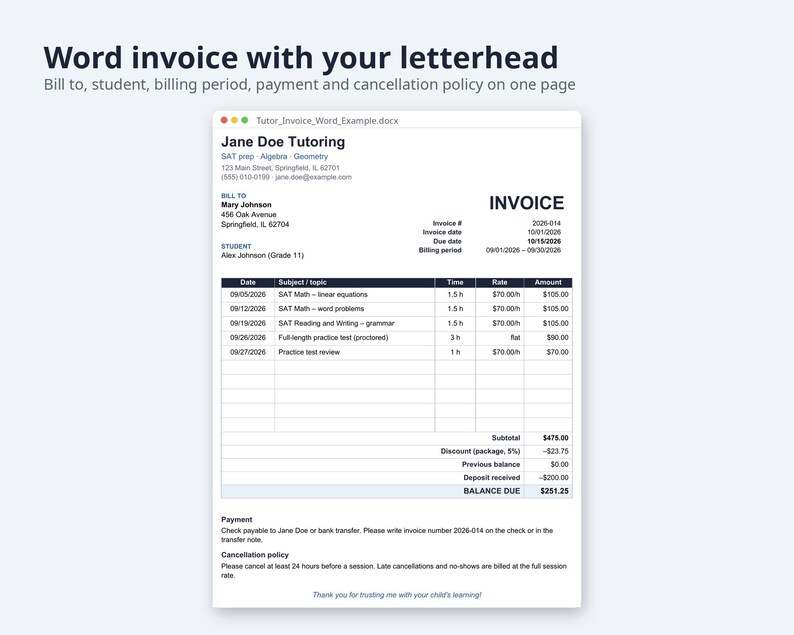 Tutor Invoice Template Excel and Word | Tutoring Invoice, Hours Tutored, Sibling Discount (Digital Download) image 3