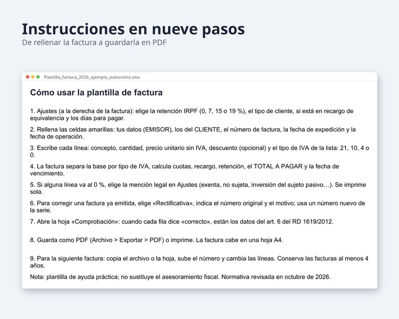 Plantilla factura Excel España 2026 | Spaans, IVA 21, 10 jaar 4 % (digitale download) afbeelding 7