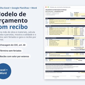 May include: A digital service quote template for Excel, Google Sheets, and Word. The document features sections for labor, materials, payment terms, and client approval, with text in Portuguese detailing a professional service estimate.