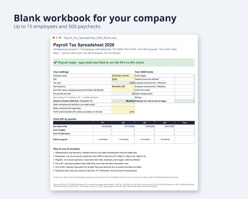 Payroll Tax Spreadsheet 2026 Excel | Form 941 vs W-2 Check, FICA & FUTA, Federal Withholding Pub 15-T (Digital Download) image 7