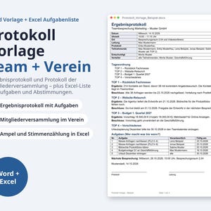 May include: A digital document template set including a Word meeting minutes file and an Excel task list. The text reads Protokoll Vorlage Team + Verein, with a preview of a meeting report titled Ergebnisprotokoll for Muster GmbH.
