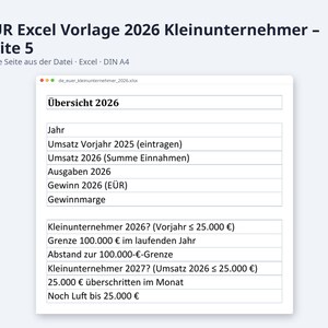 EÜR Excel Vorlage 2026 Kleinunternehmer | Einnahmen Ausgaben Tabelle mit Grenzen Check 25.000 und 100.000 Euro | Sofort Download image 8