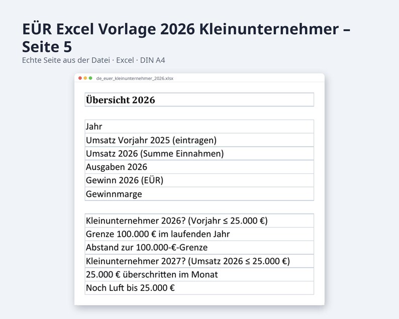EÜR Excel Vorlage 2026 Kleinunternehmer | Einnahmen Ausgaben Tabelle mit Grenzen Check 25.000 und 100.000 Euro | Sofort Download image 8