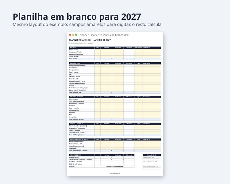 Planner financeiro planilha Excel 2026 2027 | Portuguese, Orçamento mensal, controle de gastos (Digital Download) image 4